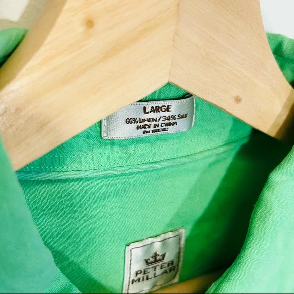 PETER MILLAR Mens Kelly Green Silk & Linen Long Sleeve Button Shirt Size LARGE - Picture 4 of 5